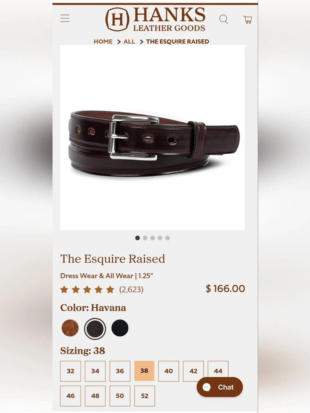 Men's Hanks Belts The Esquire Premium Dress Belt, Havana color, 1.25